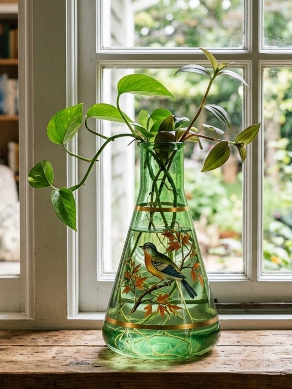 Vintage Hand Painted Erlenmeyer Flask Beaker - Bohemian Enameled Bird Glass